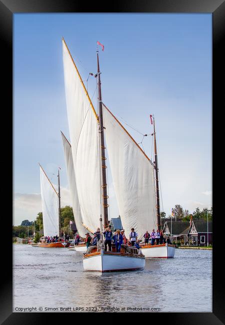 Four Wherry sail boats sailing the Norfolk Broads UK Framed Print by Simon Bratt LRPS