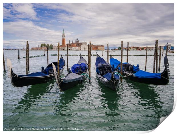 Gondolas moored near St Marks Square, Venice Print by Michael Shannon