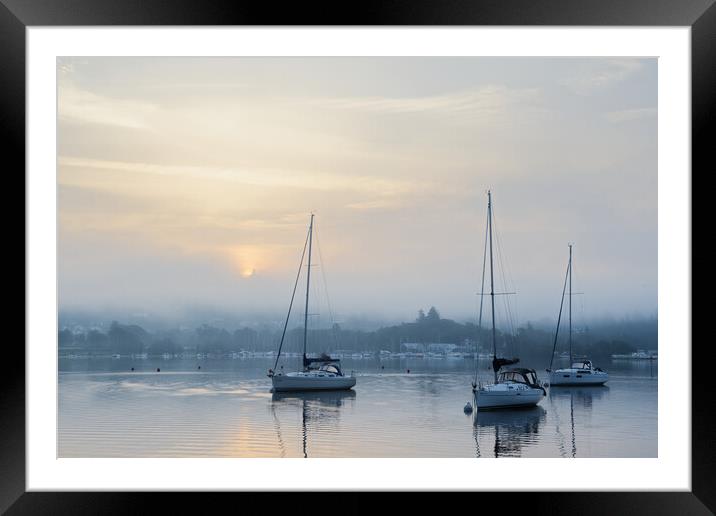 Yachts on Windermere - Misty Sunrise Framed Mounted Print by Chester Tugwell