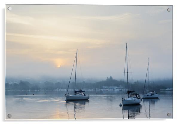 Yachts on Windermere - Misty Sunrise Acrylic by Chester Tugwell
