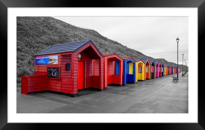 Saltburn Beach Huts: Selective Black and White Framed Mounted Print by Tim Hill