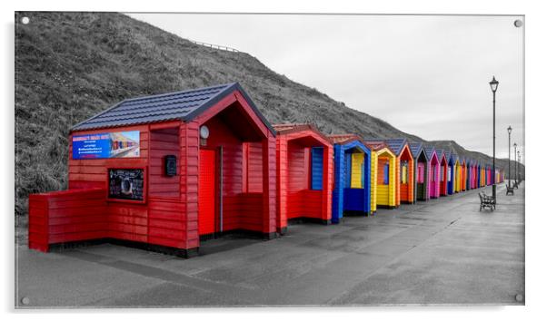 Saltburn Beach Huts: Selective Black and White Acrylic by Tim Hill