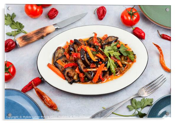 Stewed aubergine saute, tasty vegetable stew. Acrylic by Mykola Lunov Mykola
