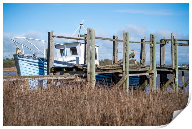 Blue Wooden Boat at the jetty Print by Gary Kenyon