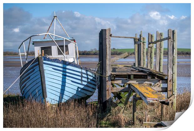 Blue boat by the jetty up at Skippool Creek Print by Gary Kenyon