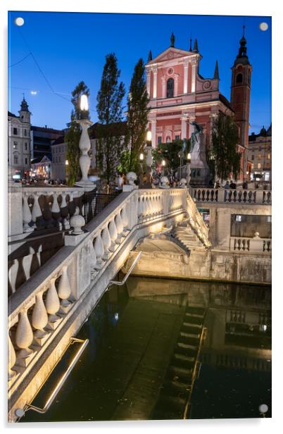 Triple Bridge And Franciscan Church In Ljubljana Acrylic by Artur Bogacki