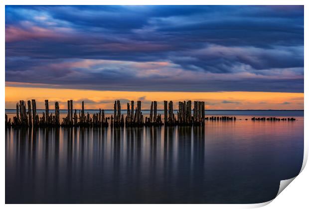 Old Sea Pier Wooden Posts At Twilight Print by Artur Bogacki