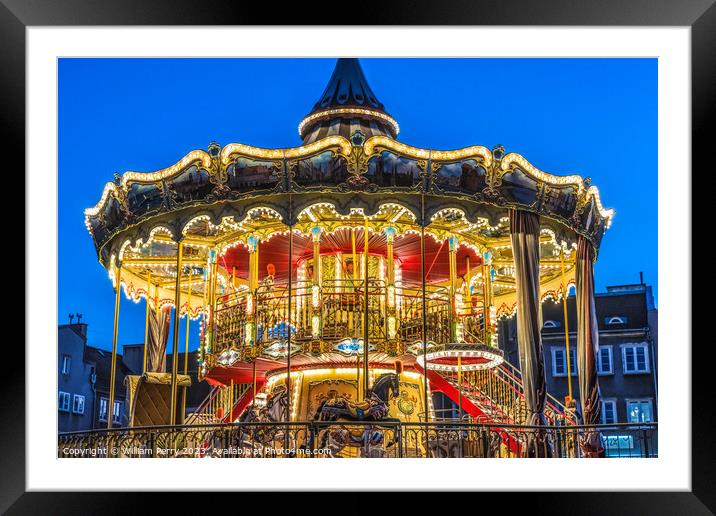 Illuminated Carousel Historic Inner Harbor Port Gdansk Poland Framed Mounted Print by William Perry