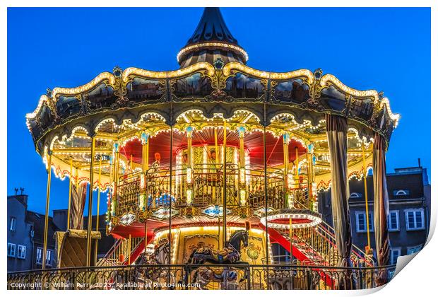 Illuminated Carousel Historic Inner Harbor Port Gdansk Poland Print by William Perry