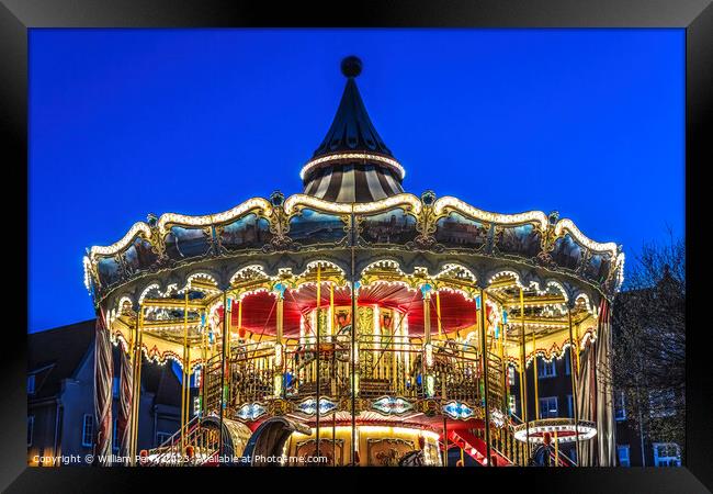Colorful Illuminated Carousel Historic Inner Harbor Port Gdansk  Framed Print by William Perry