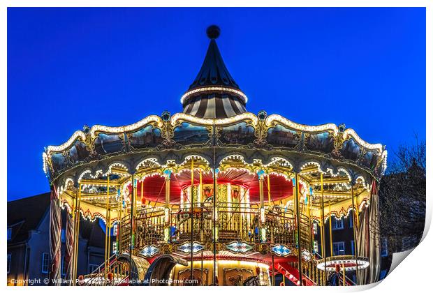 Colorful Illuminated Carousel Historic Inner Harbor Port Gdansk  Print by William Perry
