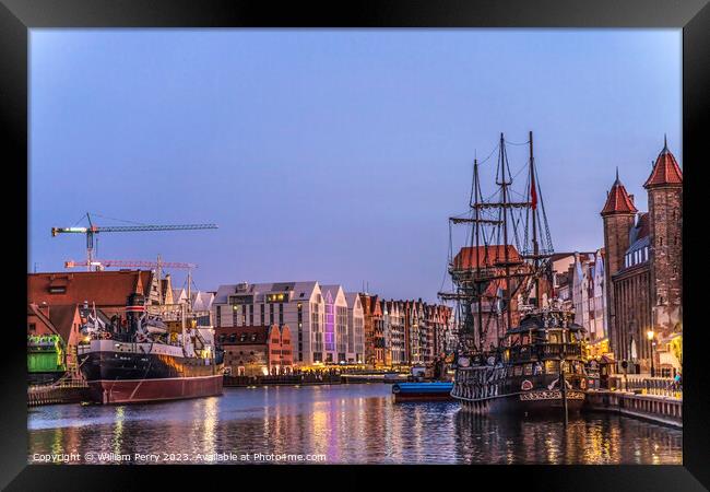 Colorful Historic Inner Harbor Port Night Motlawa River Gdansk P Framed Print by William Perry