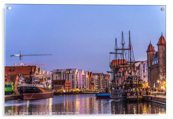 Colorful Historic Inner Harbor Port Night Motlawa River Gdansk P Acrylic by William Perry