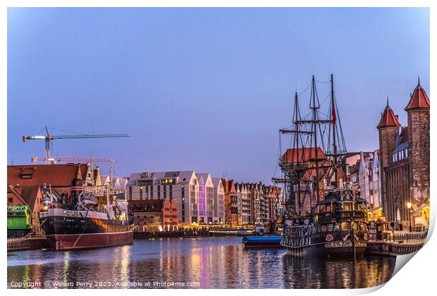 Colorful Historic Inner Harbor Port Night Motlawa River Gdansk P Print by William Perry