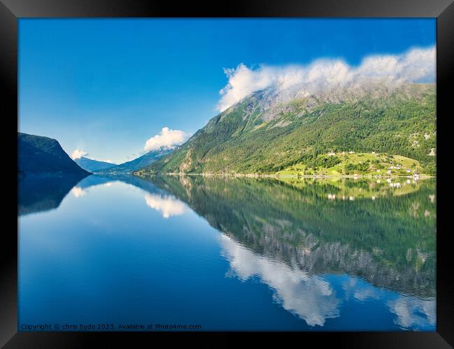 Reflections on a Norwegian Fjord  Framed Print by chris hyde