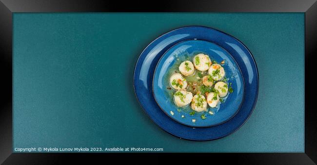 Fried scallops with butter sauce Framed Print by Mykola Lunov Mykola