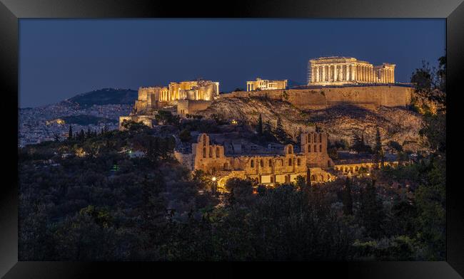 Night view of Ancient Acropolis of Athens in Greece Framed Print by Mirko Kuzmanovic