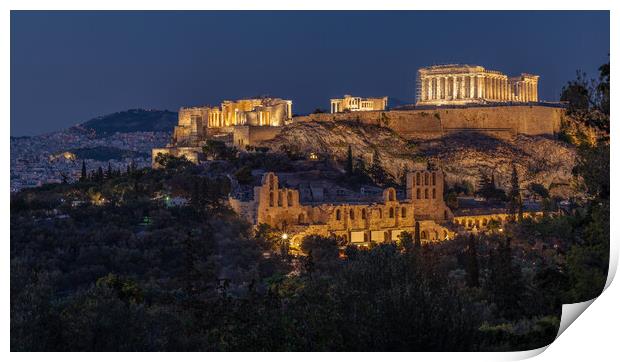 Night view of Ancient Acropolis of Athens in Greece Print by Mirko Kuzmanovic