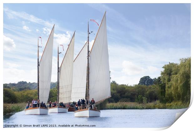 Four Wherry sail boats on the Norfolk Broads UK Print by Simon Bratt LRPS