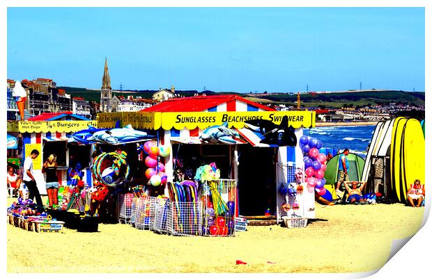 Beach kiosks on the sands at Weymouth Print by john hill