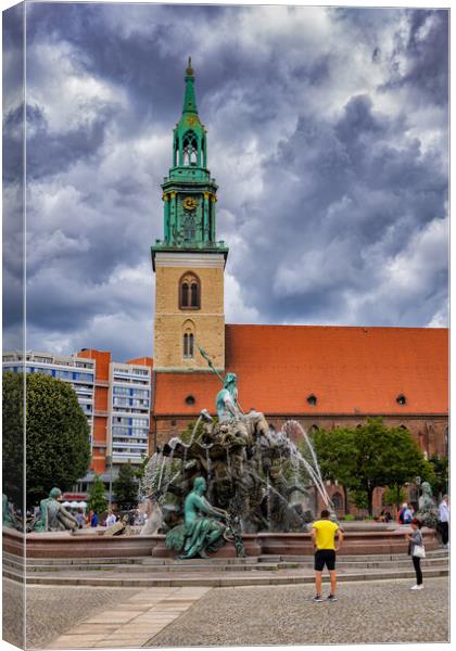 Neptune Fountain and St Mary Church in Berlin Canvas Print by Artur Bogacki
