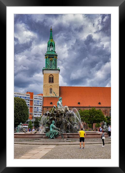 Neptune Fountain and St Mary Church in Berlin Framed Mounted Print by Artur Bogacki