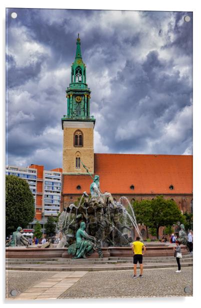 Neptune Fountain and St Mary Church in Berlin Acrylic by Artur Bogacki