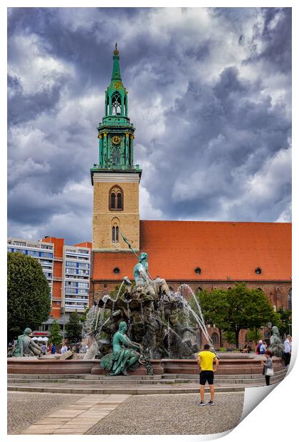 Neptune Fountain and St Mary Church in Berlin Print by Artur Bogacki