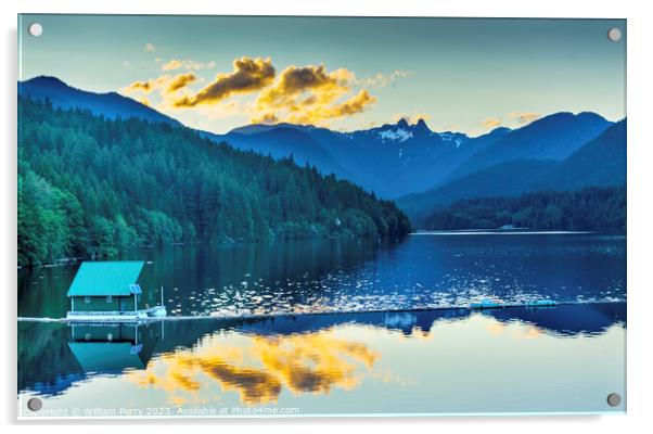 Capilano Reservoir Lake Snowy Two Lions Mountains Vancouver Brit Acrylic by William Perry
