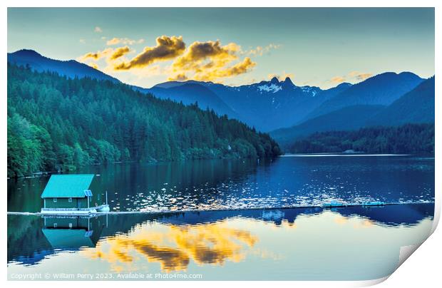 Capilano Reservoir Lake Snowy Two Lions Mountains Vancouver Brit Print by William Perry