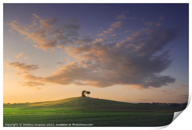 Tuscany, Maremma landscape. Old windmill and trees on top of the Print by Stefano Orazzini