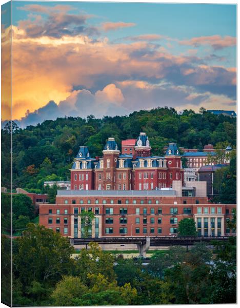 Brooks Hall and Woodburn Hall at sunset in Morgantown WV Canvas Print by Steve Heap