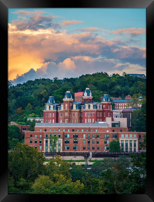 Brooks Hall and Woodburn Hall at sunset in Morgantown WV Framed Print by Steve Heap