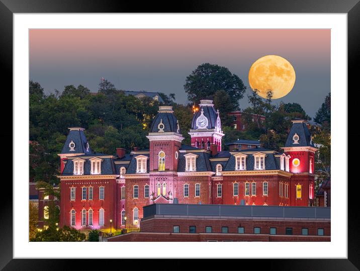 Moonrise over illuminated Woodburn Hall at WVU Morgantown Framed Mounted Print by Steve Heap