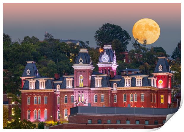 Moonrise over illuminated Woodburn Hall at WVU Morgantown Print by Steve Heap