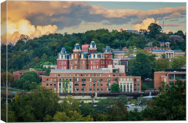 Brooks Hall and Woodburn Hall at sunset in Morgantown WV Canvas Print by Steve Heap