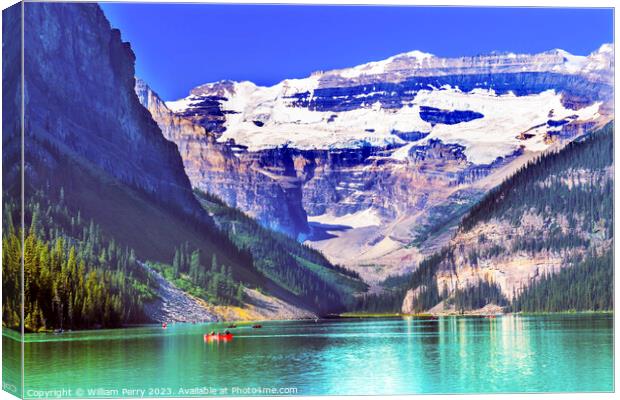Lake Louise Canoes Banff National Park Alberta Canada Canvas Print by William Perry