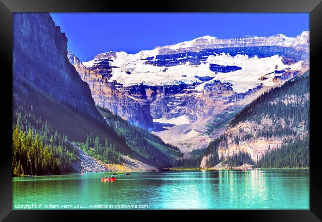 Lake Louise Canoes Banff National Park Alberta Canada Framed Print by William Perry