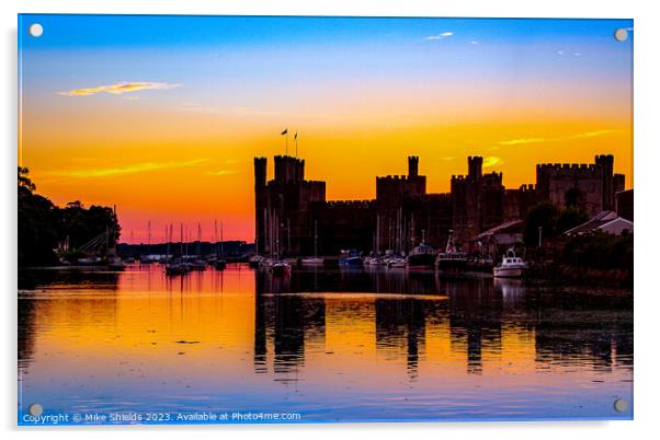 Caernarfon Castle Sunset Acrylic by Mike Shields