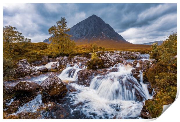 Buachaille Etive Mor and River Coupall Waterfall Print by John Frid