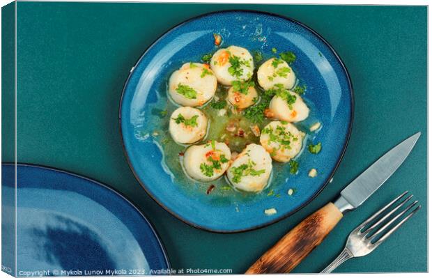Seared scallops with butter sauce Canvas Print by Mykola Lunov Mykola