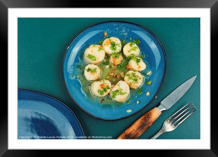 Seared scallops with butter sauce Framed Mounted Print by Mykola Lunov Mykola