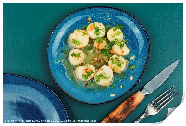 Seared scallops with butter sauce Print by Mykola Lunov Mykola