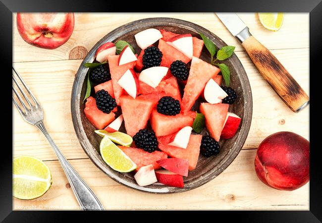 Fruity watermelon salad on a plate. Framed Print by Mykola Lunov Mykola