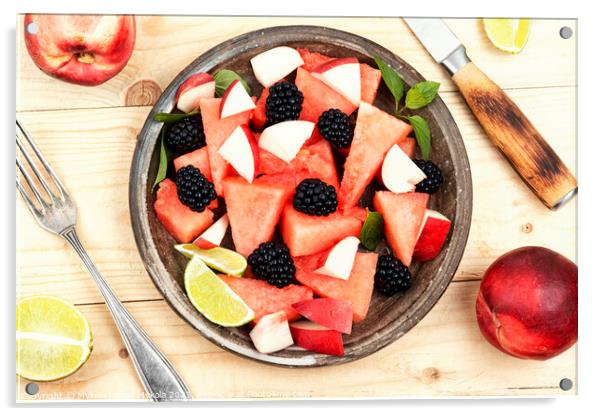 Fruity watermelon salad on a plate. Acrylic by Mykola Lunov Mykola