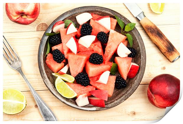 Fruity watermelon salad on a plate. Print by Mykola Lunov Mykola