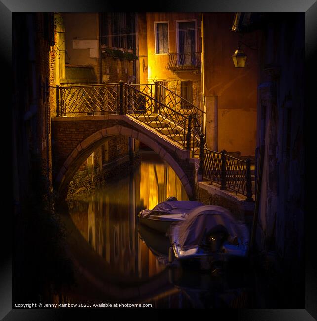 Night Magic of Venice - Ponte Storto Framed Print by Jenny Rainbow