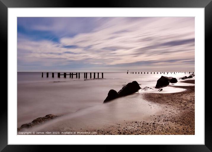 Rock Formations & Sea Defences At Corton Beach Lowestoft Framed Mounted Print by James Allen