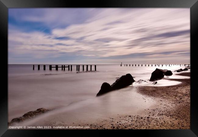 Rock Formations & Sea Defences At Corton Beach Lowestoft Framed Print by James Allen