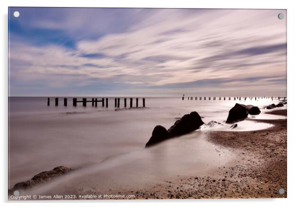 Rock Formations & Sea Defences At Corton Beach Lowestoft Acrylic by James Allen